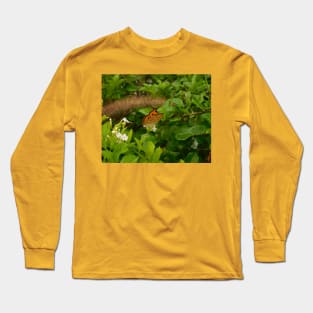 Vibrant Serenity: Orange Butterflies on Green Leaves Long Sleeve T-Shirt